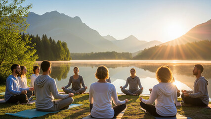 Group meditation session at sunrise by a lake surrounded by mountains for wellness and healing