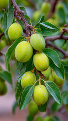 Close-up of Green Olives or Plums on a Tree. The detailed texture of the branch and leaves adds to the natural appeal, making it suitable for educational materials, farming concepts.