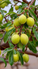 Young Fruits Growing on a Tree Branch. The detailed texture of the branch and leaves adds to the natural appeal, making it suitable for educational materials, farming concepts.