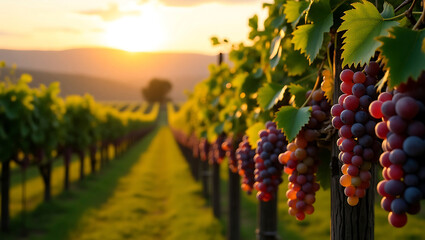 Fototapeta premium Vineyard Sunset A Tapestry of Grapes and Light in California Wine Country