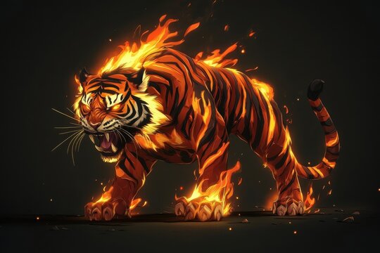 Powerful Fiery Tiger Roaring with Orange Flames and Glowing Eyes on Dark Background