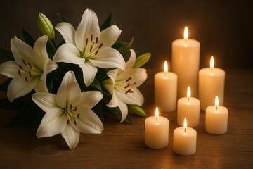 Memorial lily arrangement with softly glowing candles creating peaceful remembrance scene for sympathy and funeral services