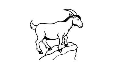 Black and white illustration of a goat standing on a rock