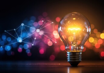 Bright incandescent lightbulb illuminating with abstract network connections