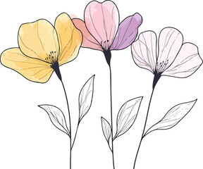 Naklejka premium Watercolor Floral Illustration with Delicate Line Art and Pastel Colors