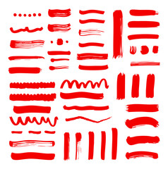 Big collection of red paint, ink brush strokes, brushes, lines, grungy. Dirty artistic design elements, boxes, frames. Vector illustration. Isolated on white background. Freehand drawing