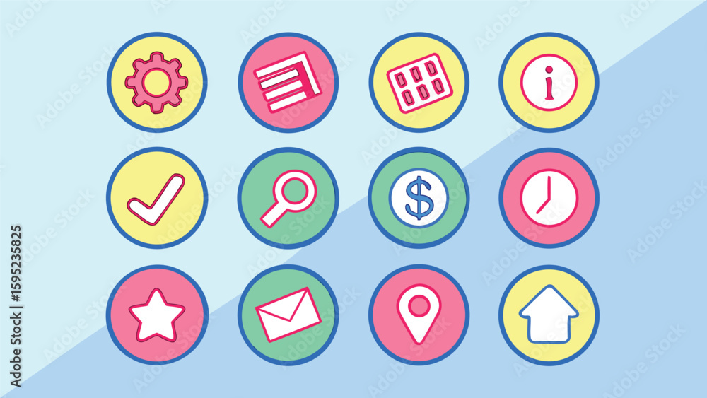 Aufkleber collection of colorful hand drawn icons for user interface and web design