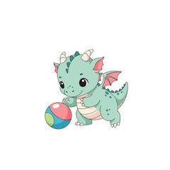 A cute, cartoon dragon plays with a colorful ball on a white background.