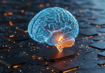 Digital brain with circuitry and glowing lights represents artificial intelligence