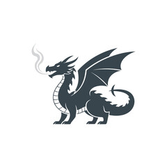 A dark, stylized dragon exhales smoke, standing with wings spread against a white background.