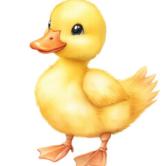 Cute realistic yellow duckling with fluffy feathers and playful expression on white background
