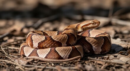 Copperhead Snake coiled on forest floor in sunlight