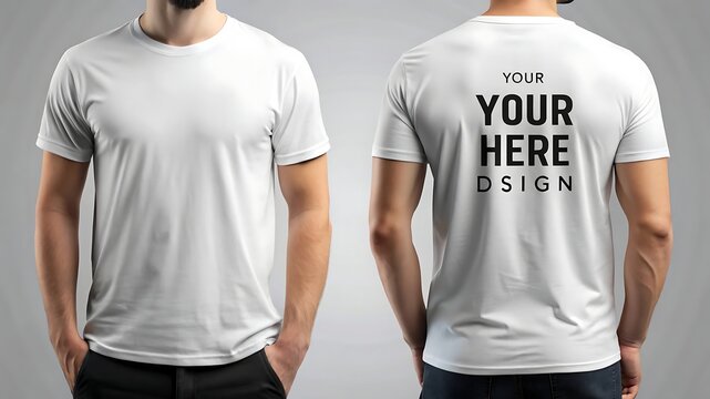 A man wearing a white tshirt with custom design space, front and back views