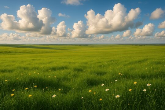 Expansive green meadow with rolling hills under dramatic cloudy blue sky perfect for agricultural concepts