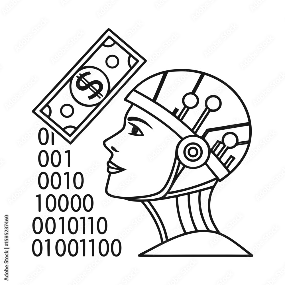 Poster robot with money and binary code outline silhouette vector illustration
