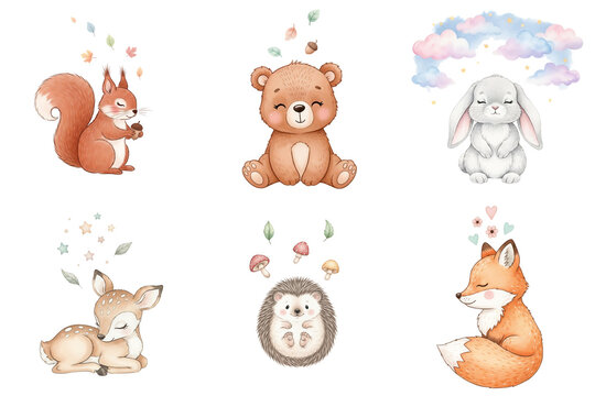 Watercolor set of cute woodland animals in a sleepy mood for nursery decor against a white background with copy space
