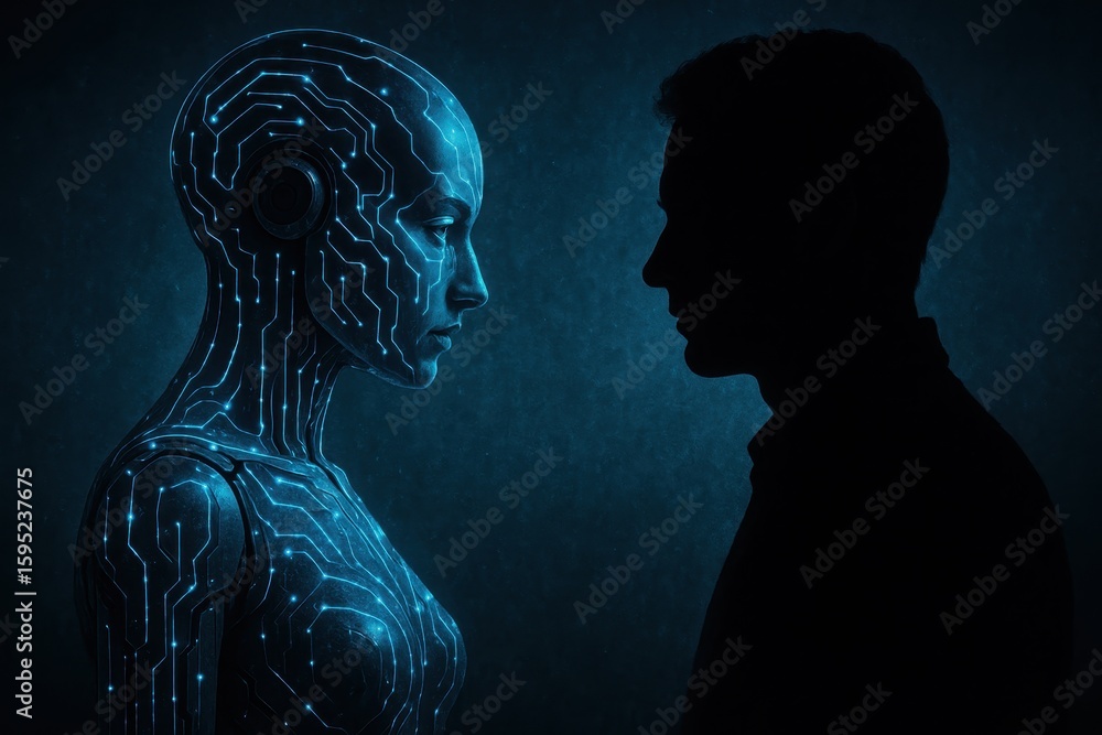 Poster futuristic confrontation between humanoid robot and human figure representing artificial intelligenc