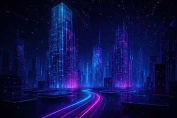 Futuristic metaverse landscape with neon-lit digital architecture and virtual reality environments
