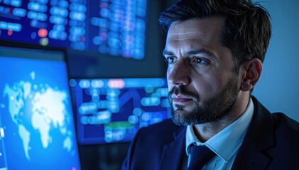 A focused man gazes intently at a computer screen, his expression reflecting concentration as he analyzes data in a modern office setting.