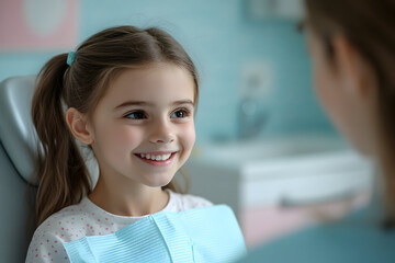 Kids cavity treatment at dental clinic – Young girl smiling in a dental clinic while interacting with a dentist