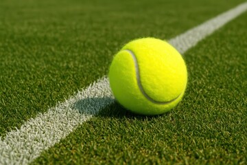 Professional tennis ball positioned perfectly on emerald green court surface with precise white line markings