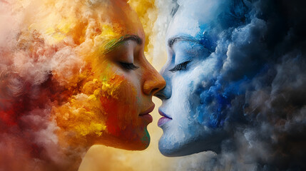 An art therapy session where an individual uses contrasting warm and cool colors to express the conflict between hope and despair in their emotions.