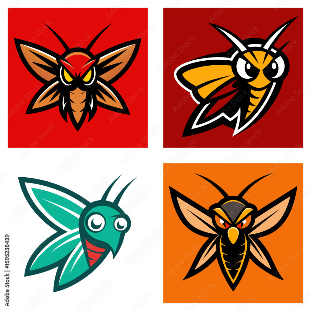 Poster collection of four cartoon insect mascots with different color schemes and expressions displayed nic