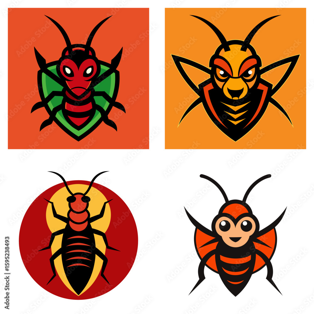 Poster four cartoon ant designs in square frames with different styles and color schemes displayed together