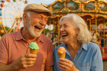 Joyful senior couple sharing romantic ice cream moment during festive celebration at vibrant amusement park