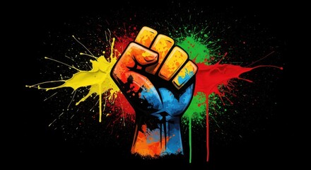 Fist Raised Against Colorful Paint Splatters Background