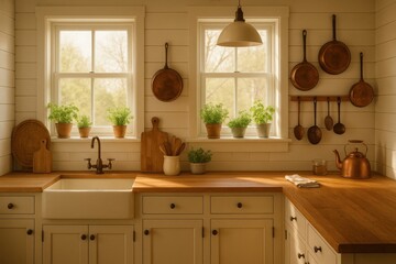 Rustic farmhouse kitchen with shiplap walls and vintage copper accents in natural morning light