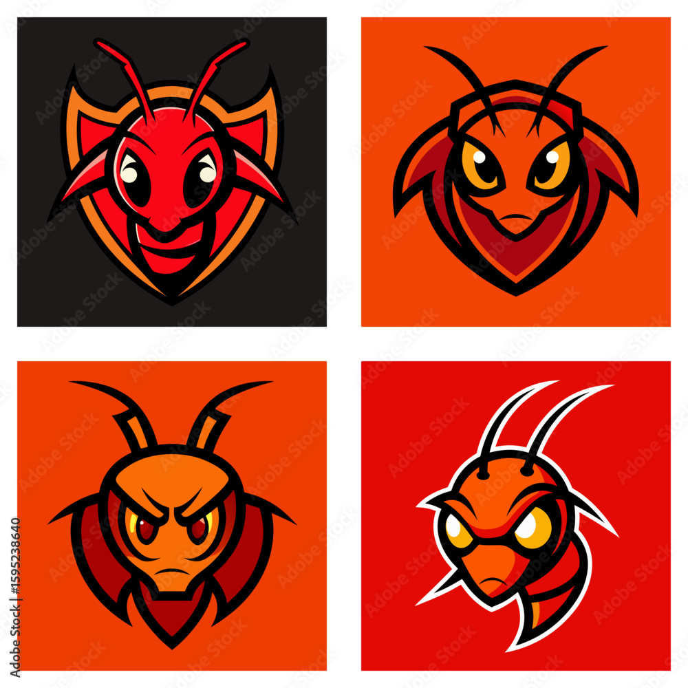 Poster four stylized ant head logos with aggressive expressions in various color schemes and backgrounds