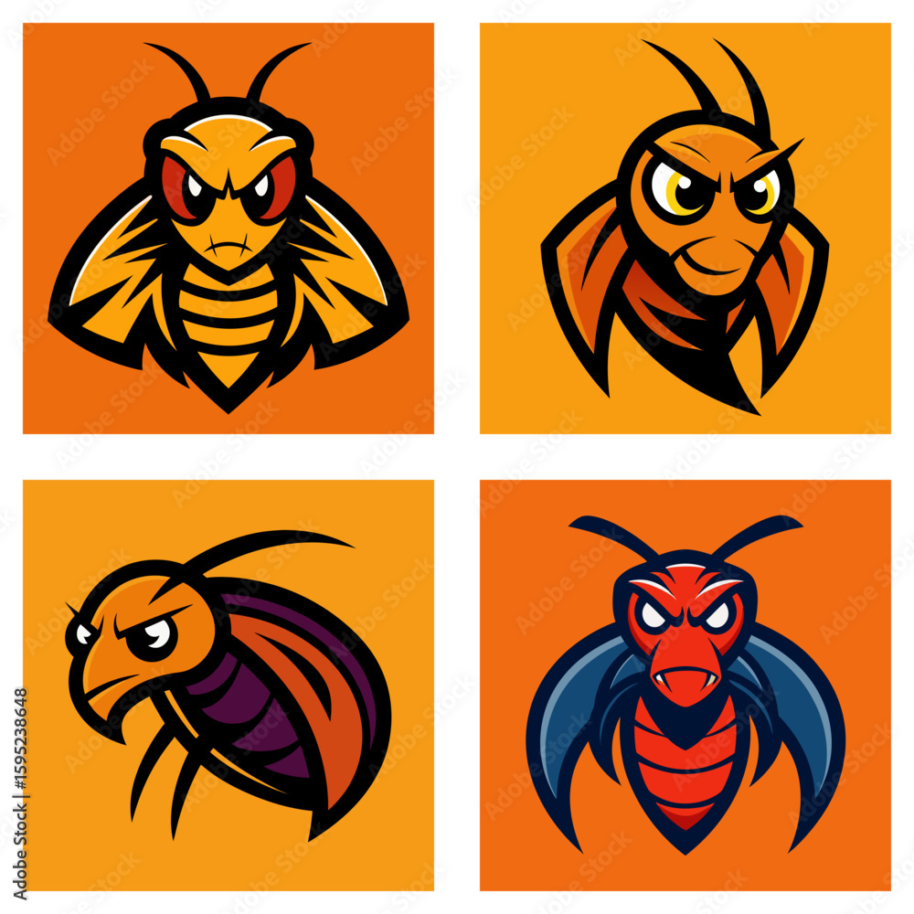 Poster four square panels displaying cartoonish angry insect mascots on an orange background in a grid layo