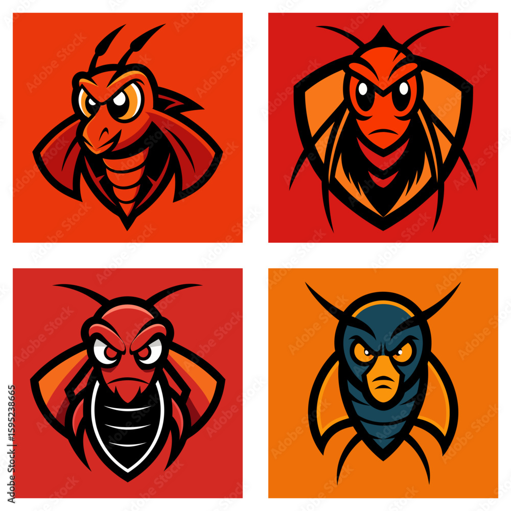 Poster collection of four insect mascot logos with aggressive expressions and vibrant color schemes display