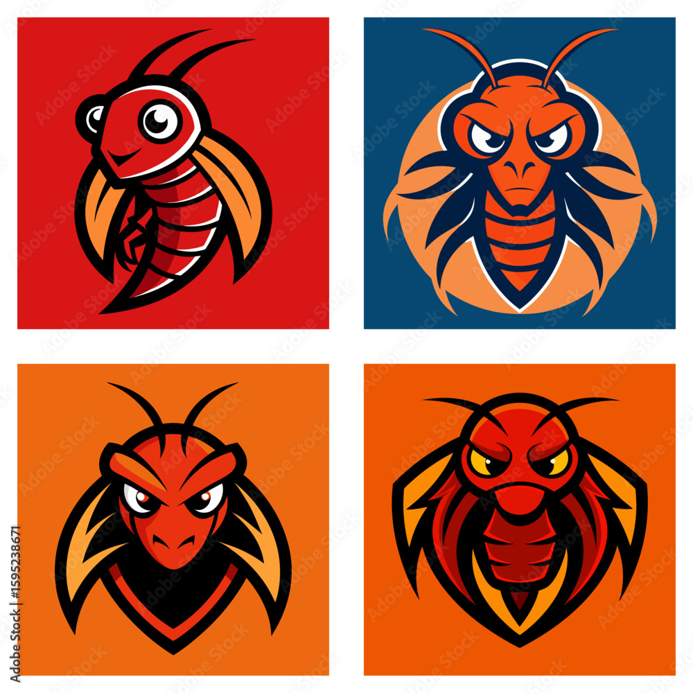 Poster collection of four cartoon insect mascot logos with varying expressions and color schemes in square 