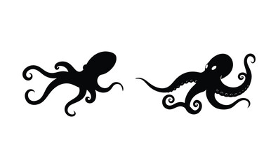 Two black silhouette octopuses with flowing tentacles on a white background