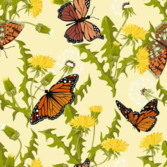 Seamless vector illustration with dandelion and butterflies on a beige background. For decorating textiles, packaging