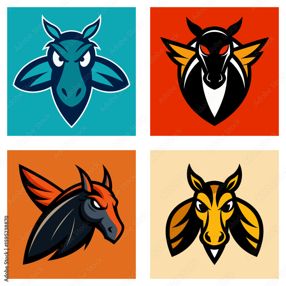 Poster four square images displaying stylized horse or donkey head logos with different color schemes and b