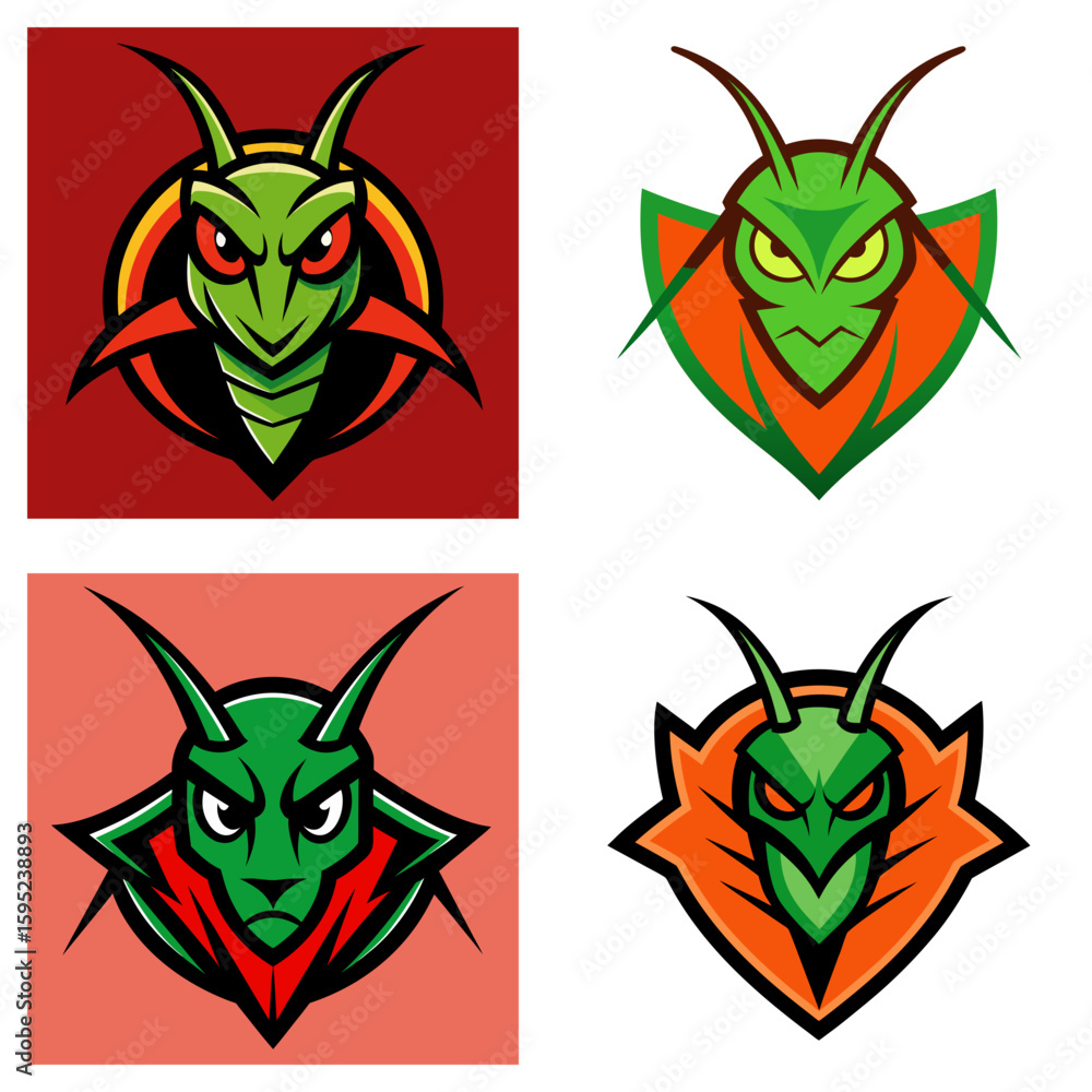 Poster four stylized mantis head logos with angry expressions and vibrant color schemes on contrasting back