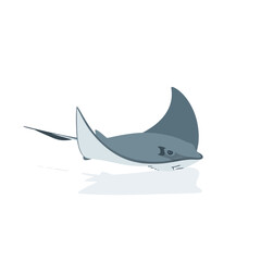A cartoon illustration of a gray stingray swimming with its wings spread, against a white background.