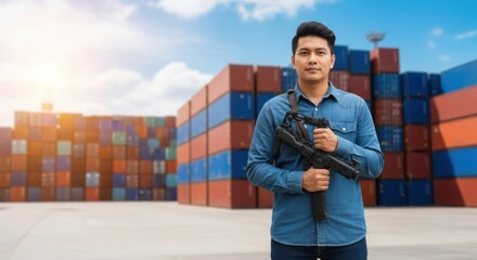Man holding rifle standing in front of shipping containers
