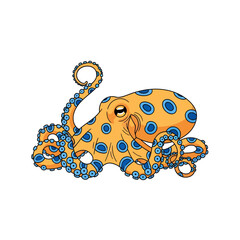 Cartoon depiction of a blue-ringed octopus with orange body and blue rings, tentacles curled on a white background. © Disma