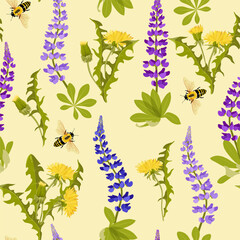 Seamless vector illustration with dandelion, lupine and bees on a beige background. For decorating textiles, packaging