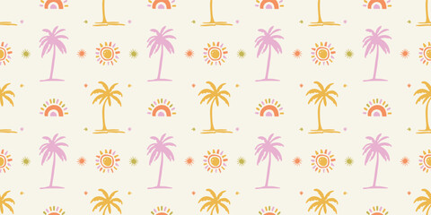 Seamless Tropical Palm Tree Rainbow and Sun Pattern – Boho Summer Beach Vector Art in Pastel Colors
