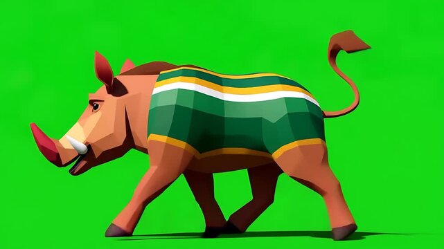 Low-poly Warthog in Green and Gold Jersey on Green Screen