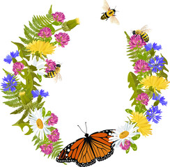 Wreath with wildflowers, butterfly and bees on a isolated background. Vector illustration. With space for your text.