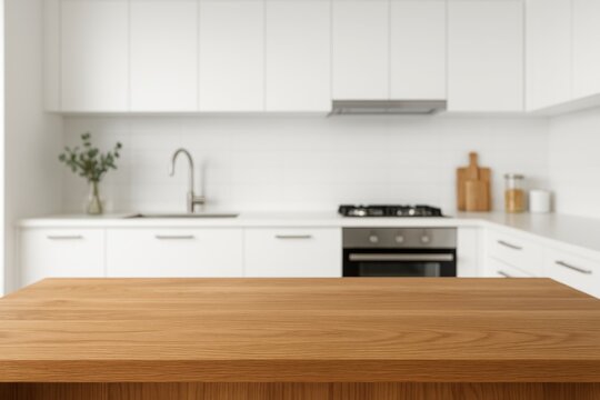 Modern kitchen workspace featuring empty wooden table surface perfect for culinary product display and food photography