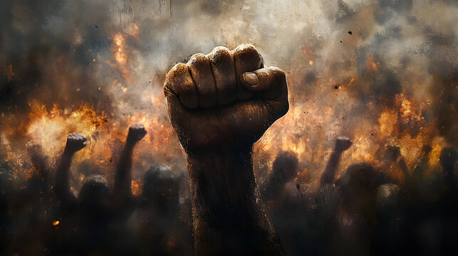 An emotional portrait of a protester raising their fist, symbolizing resistance and the fight for freedom.