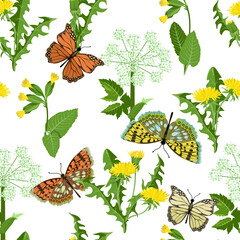 Seamless vector illustration with dandelion, angelica, primrose and butterflies on a white background. For decorating textiles, packaging