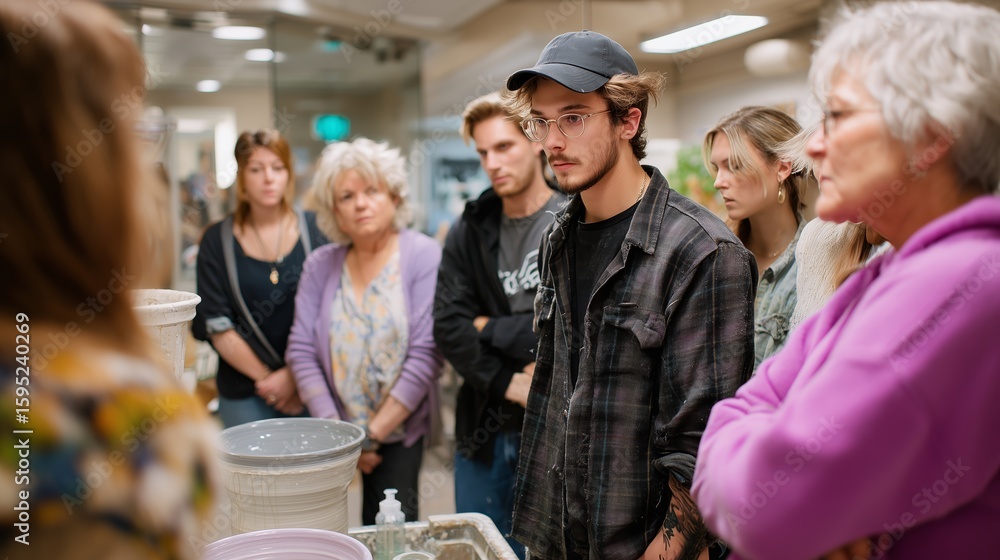 Poster participants engaged in pottery workshop learning techniques in a creative studio setting during the